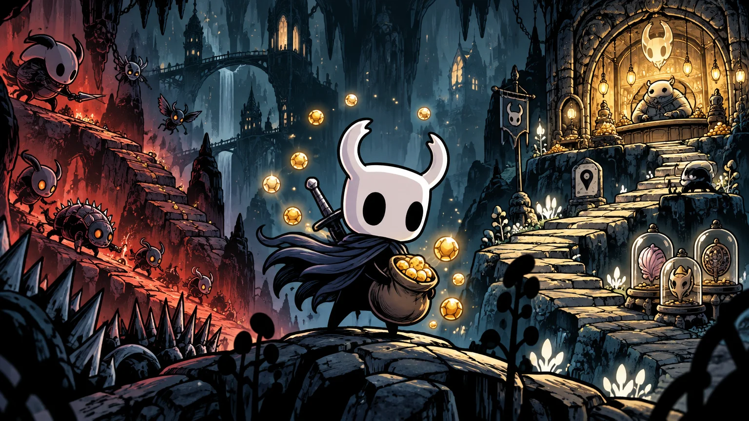 Comic-book-style cavern scene showing a horned masked adventurer carrying a bag of glowing gold coins, with hostile creatures on a red rocky path and a warmly lit merchant stall ahead.