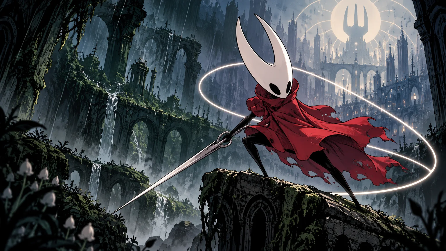 Comic-style illustration of a white-masked, red-cloaked insect-like warrior crouching on mossy ruins with a needle weapon, waterfalls, and a vast gothic city behind her.