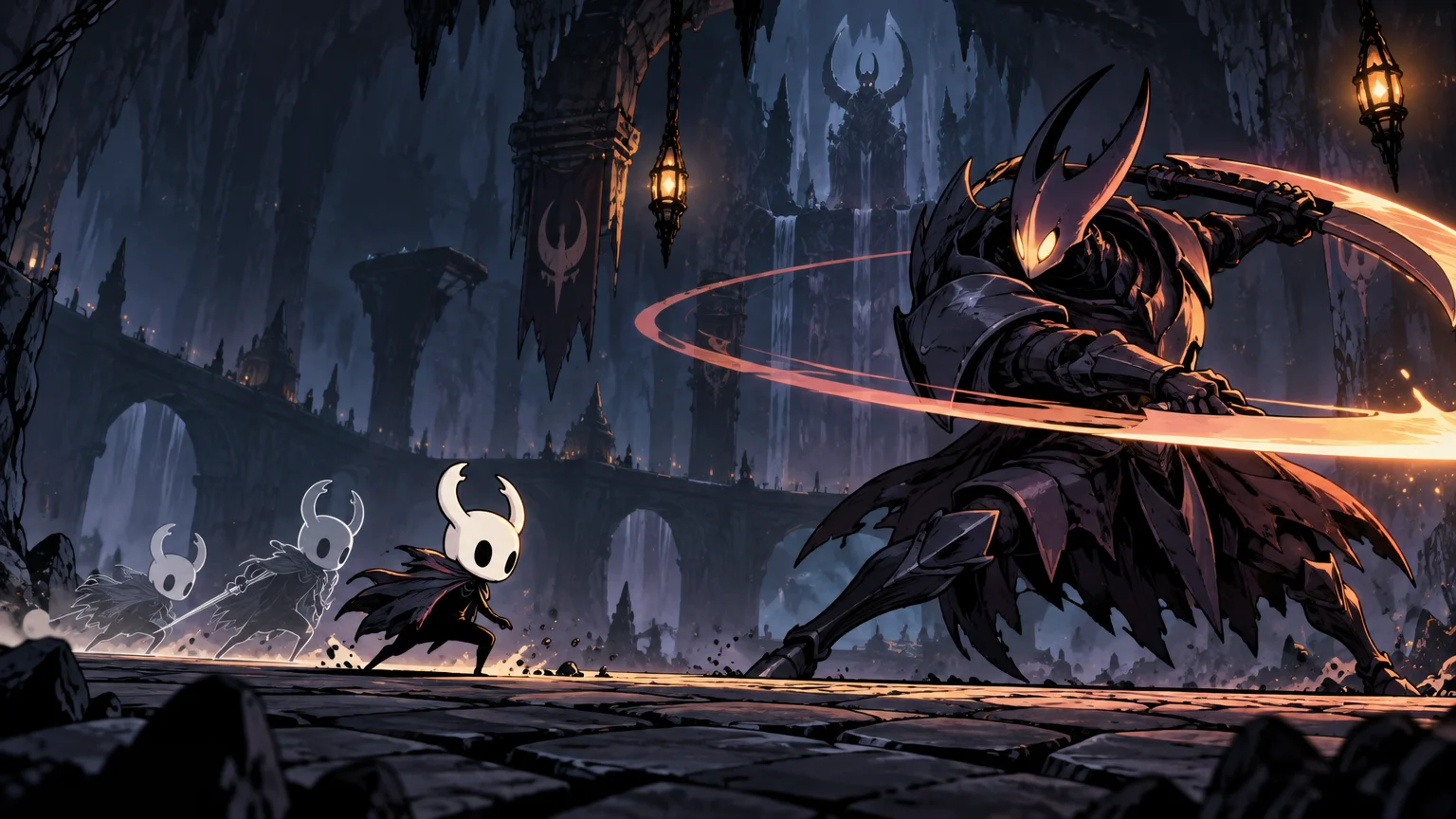 Comic-book-style fantasy scene in a cavernous ruined hall: a large black-armored horned warrior swings a glowing curved blade at several small white horned figures running across a stone floor, with bridges, banners, waterfalls, and hanging lanterns behind them.