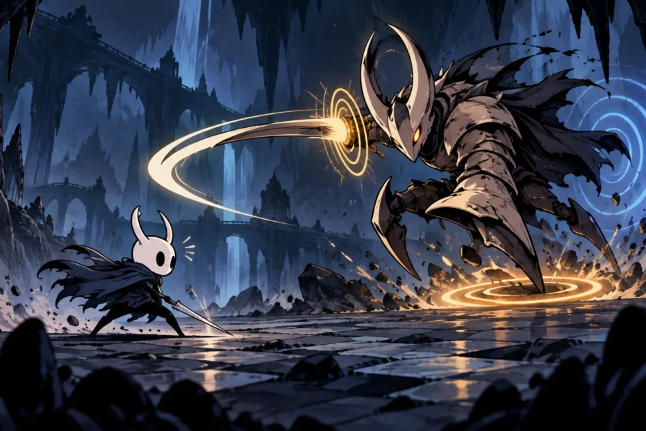 Comic-book-style scene of a small horned masked fighter facing a large armored insect-like boss in a dark cavern, with glowing orange attack arcs and blue concentric sound-wave rings behind the boss.