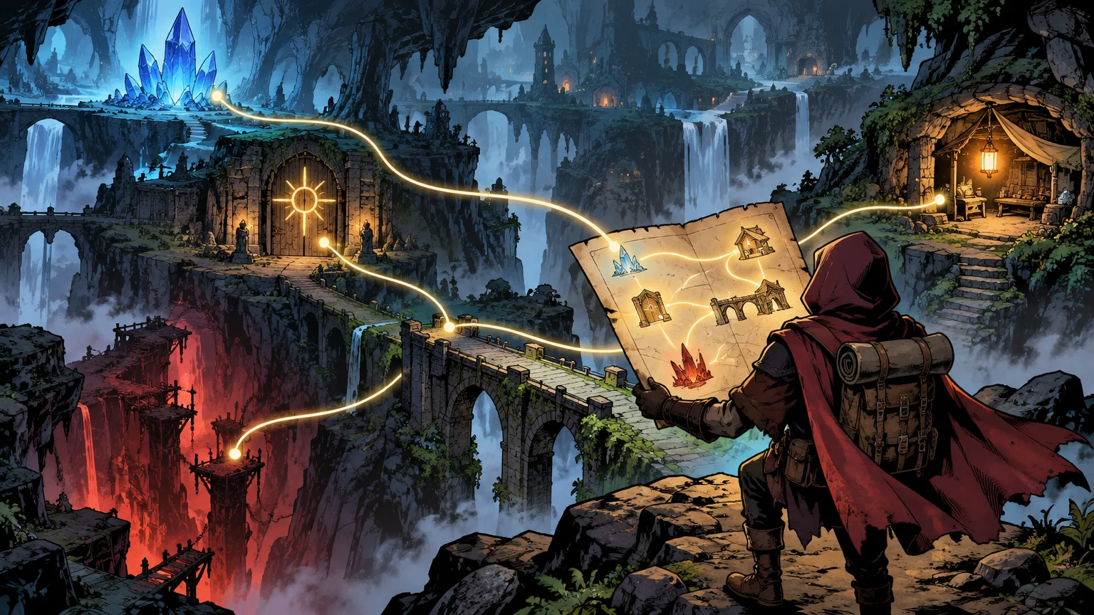 Comic-style fantasy cavern world with bridges, waterfalls, glowing crystals, ruins, and a hooded traveler holding a map marked with landmarks and glowing route lines.
