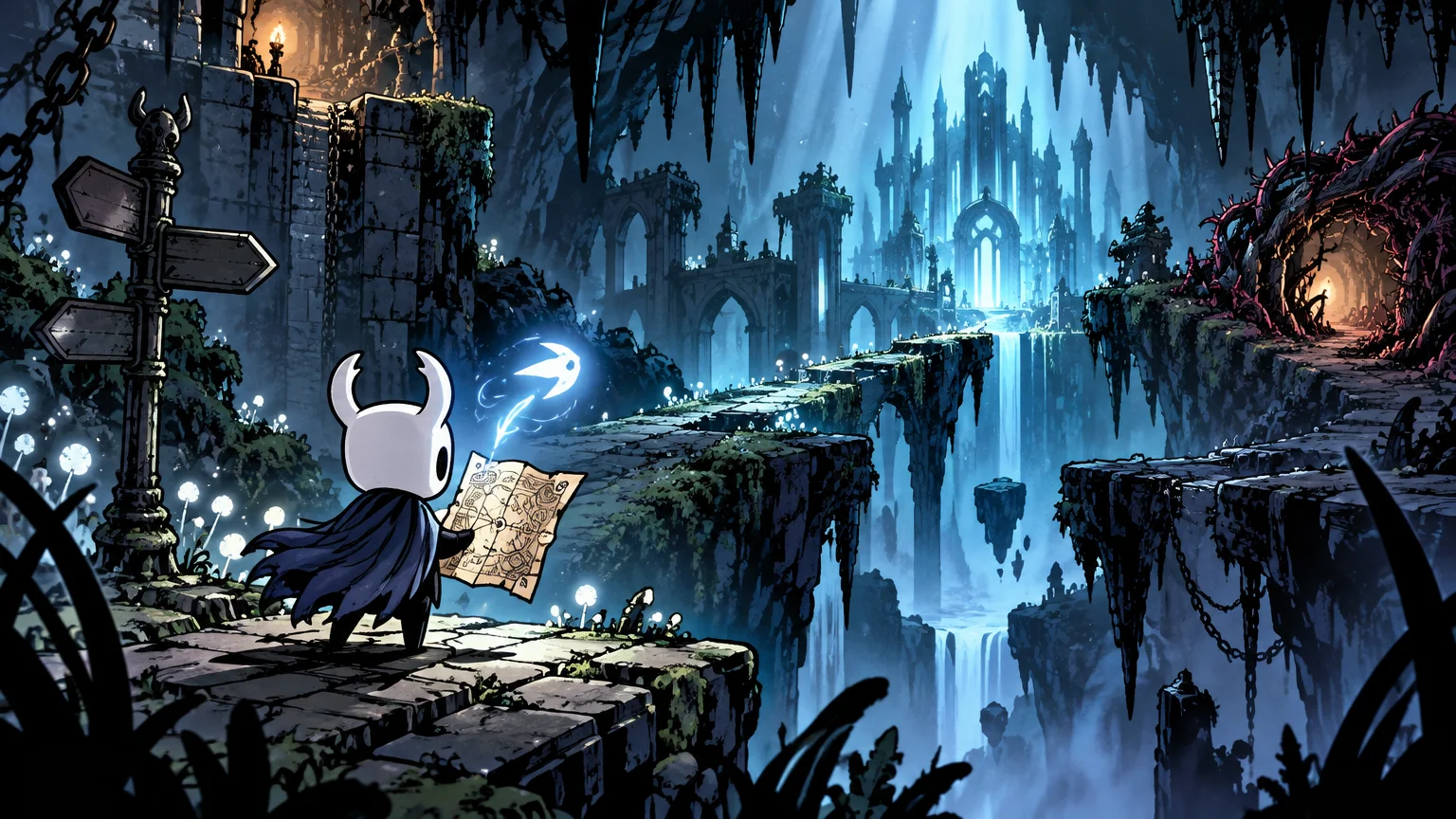 Comic-style illustration of a small horned, white-masked adventurer holding a map beside a multi-arrow signpost in a vast blue-lit underground ruin with cliffs, bridges, waterfalls, chains, and a distant gothic castle.