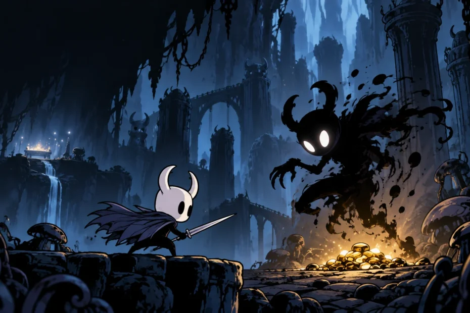 Comic-book-style cavern scene with a small white horned masked figure holding a sword, facing a large shadowy horned creature with glowing eyes above a pile of bright gold coins.