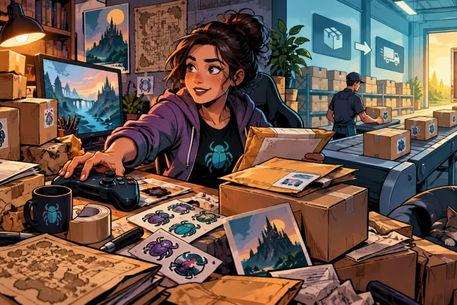 Comic-book-style illustration of a gaming creator at a cluttered desk packing beetle-themed merchandise while a warehouse worker handles boxes on a conveyor leading to a delivery truck.