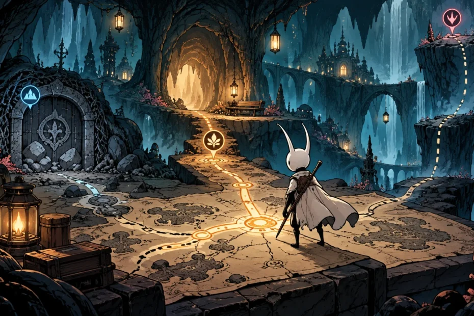 Comic-style fantasy cavern scene with a horned, cloaked insect-like adventurer standing on a large ground map, facing branching glowing routes that lead toward lantern-lit bridges, cave entrances, and cliff paths.
