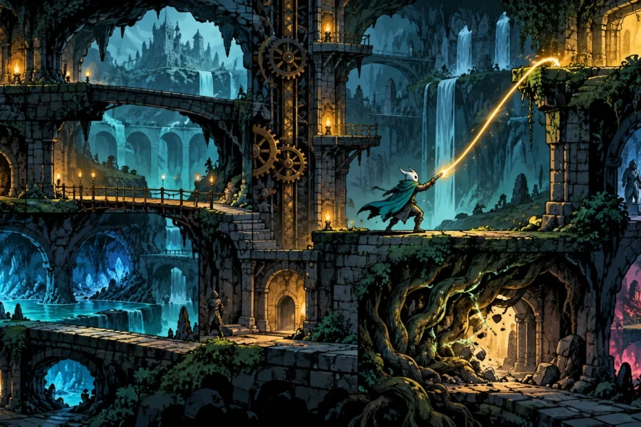 Comic-book-style fantasy ruins with bridges, waterfalls, gears, glowing caves, and a small horned masked adventurer casting a golden arc of energy across the scene.