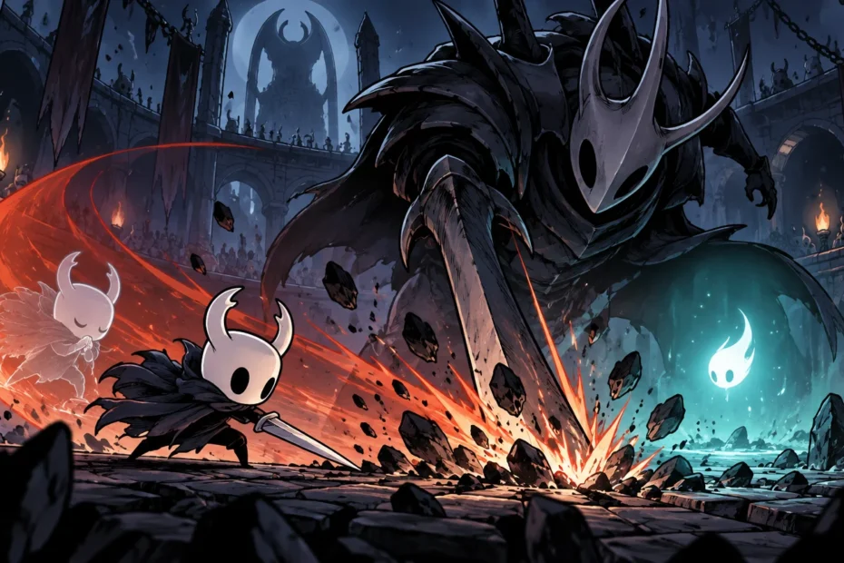 Comic-book-style fantasy battle scene showing a small horned, white-masked figure with a nail facing a towering horned armored opponent in a ruined moonlit arena, with orange slash effects, flying rubble, and a glowing blue spirit-like figure.