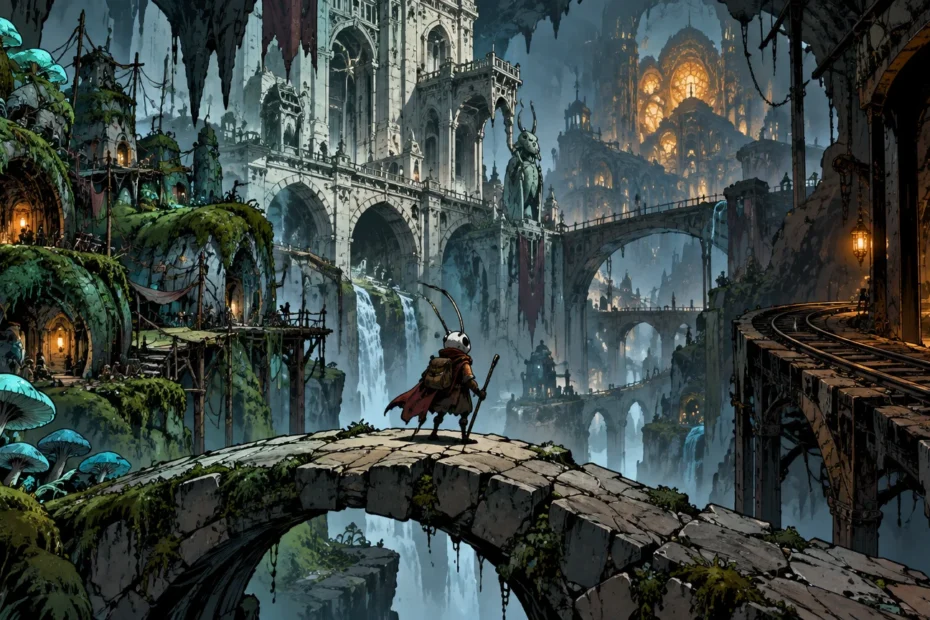 Comic-book-style illustration of a masked insect-like traveler standing on a broken stone bridge above waterfalls, surrounded by mossy ruins, glowing mushrooms, rail tracks, and a vast illuminated underground city.